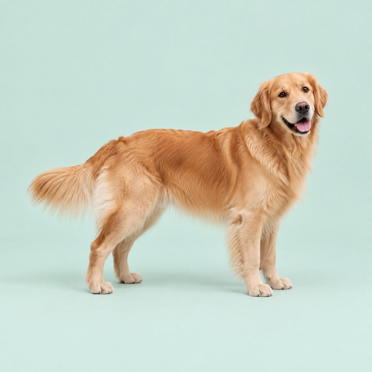 Golden retriever debout, de profil, sur un fond menthe.