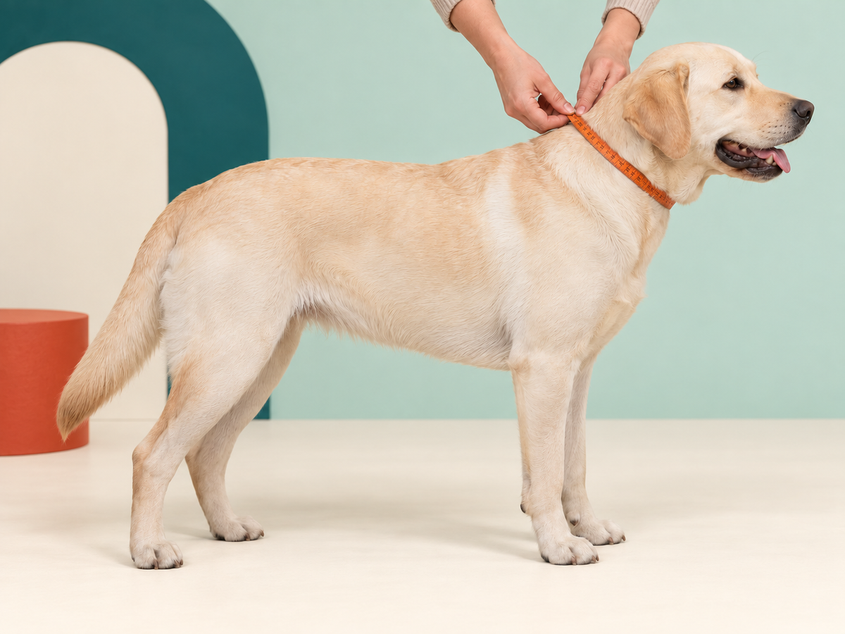 Labrador debout de profil dans un décor menthe et vert Barki. Un ruban souple entoure son cou à l’endroit où repose le collier.