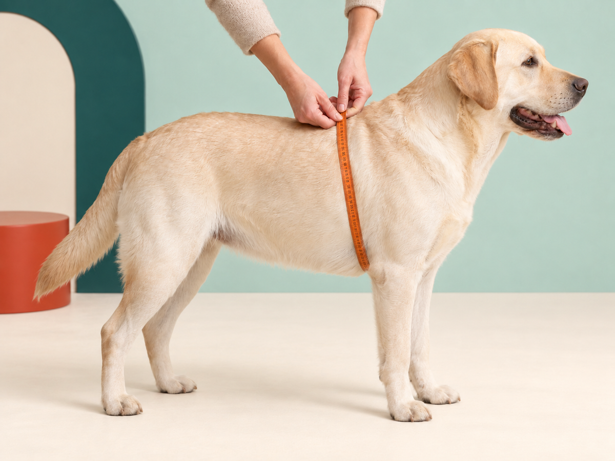Labrador debout de profil dans un décor menthe et vert Barki. Un ruban souple entoure sa poitrine juste derrière les pattes avant.